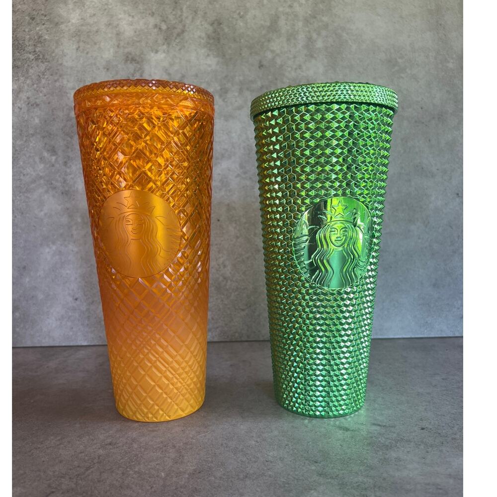 Star bucks lot of 2 venti studded tumbler cups metallic ombre green & orange